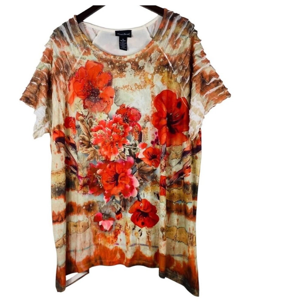 Maggie Barnes Catherines 1X 2X 18W 20W Top Tunic Shirt Floral Poppies Stretch - Picture 2 of 4
